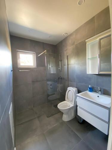 a bathroom with a toilet and a sink and a shower at Solberga lägenhetshotell in Köpingsvik