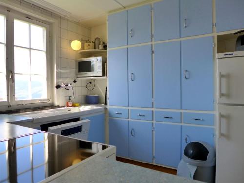 a kitchen with blue cabinets and a sink at Chalet Panoramablick by Interhome in Aeschi