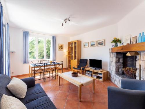 un salon avec un canapé et une cheminée dans l'établissement Holiday Home Les Ecureuils by Interhome, à Saint-Pantaléon