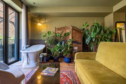 Communal Hotel Plekhanovi في تبليسي: غرفة معيشة مع أريكة والنباتات الفخارية
