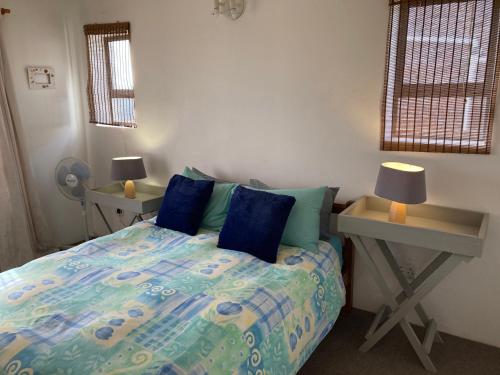 Schlafzimmer mit einem Bett mit blauen Kissen und einem Schreibtisch in der Unterkunft Smitsand Holiday home in Witsand