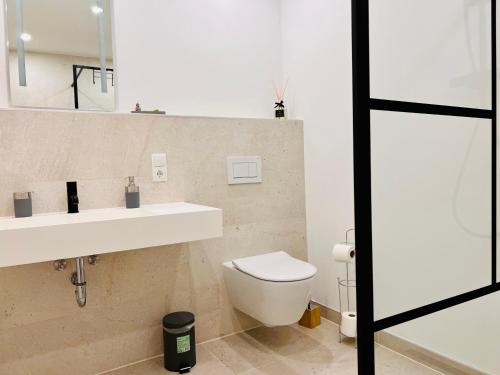 a bathroom with a white toilet and a sink at Idyllische Ferienwohnung mit Balkon & Ausblick in Arzbach