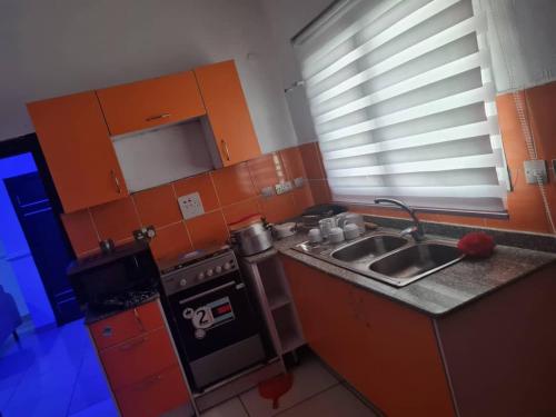 a small kitchen with a sink and a stove at Plistbooking 3 Bedroom Duplex, City View Estate in Pakuro