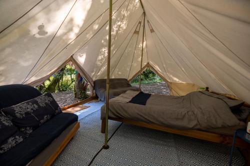ein Zelt mit 2 Betten und einer Couch darin in der Unterkunft Naturally Glamping in Kingsteignton