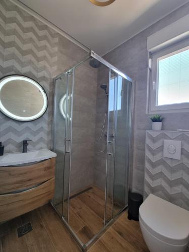 a bathroom with a shower and a toilet and a mirror at Villa Madison in Posedarje