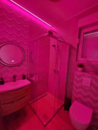 a pink bathroom with a shower and a toilet at Villa Madison in Posedarje