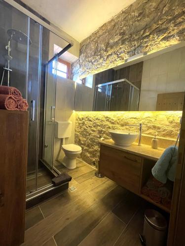 a bathroom with a shower and a sink and a toilet at Kostela Stone House in Stolac