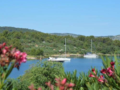 two boats are docked in a lake with trees at Holiday Home Katenas by Interhome in Šibenik
