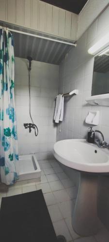 a bathroom with a sink and a shower and a tub at Trikorfo Bungalows in Gerakini