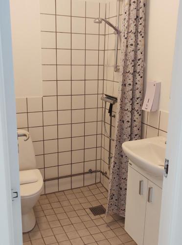 a bathroom with a toilet and a sink at KragenæsHus in Torrig