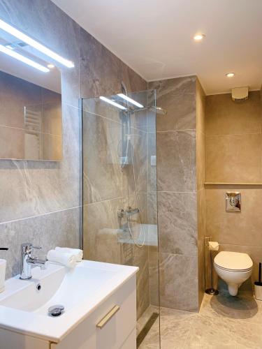 une salle de bain avec toilettes, lavabo et douche dans l'établissement Studio moderne dans le golfe de Saint-Tropez, à Gassin