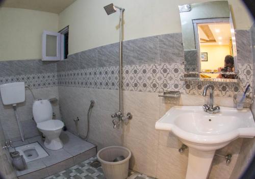 a bathroom with a sink and a toilet and a shower at Ringchan Guest House & Restaurant in Skardu