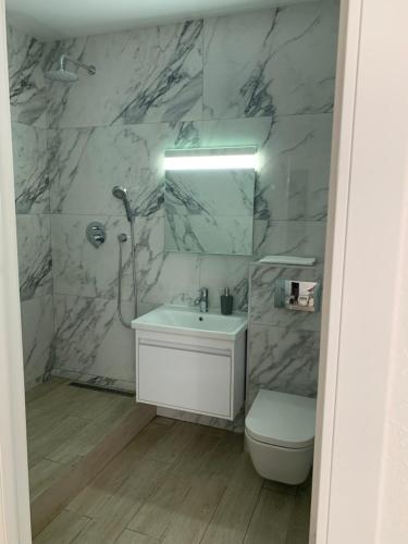 a bathroom with a sink and a toilet and a mirror at New 3 rooms apartment near the metro station in Kyiv