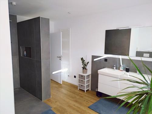 La salle de bains est pourvue d'un lavabo et d'un comptoir blanc. dans l'établissement FeWo Wildflecken - Ferienwohnung Rhön Neubau 2021, à Wildflecken