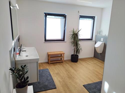 a bathroom with a sink and a toilet and two windows at FeWo Wildflecken - Ferienwohnung Rhön Neubau 2021 in Wildflecken