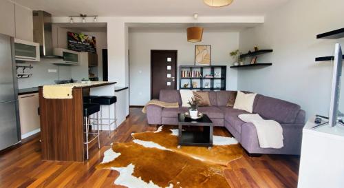 魯容貝羅克的住宿－Apartment Mira，一间带紫色沙发的客厅和一间厨房