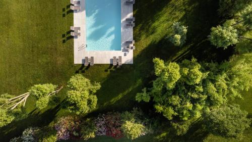 an overhead view of a pool in a field with trees at Agriturismo Moscatello in Pozzolengo