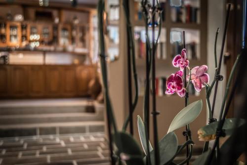 a purple flower sitting on a table in a room at Hotel Matina in Iraion