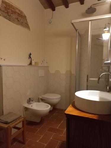 a bathroom with a sink and a toilet and a tub at Agriturismo Podere Padolecchie - Azienda Agricola Passerini in Torrita di Siena