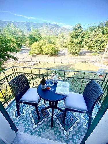a table with two chairs and a bottle of wine on a balcony at Il Rio Grande in Beverino