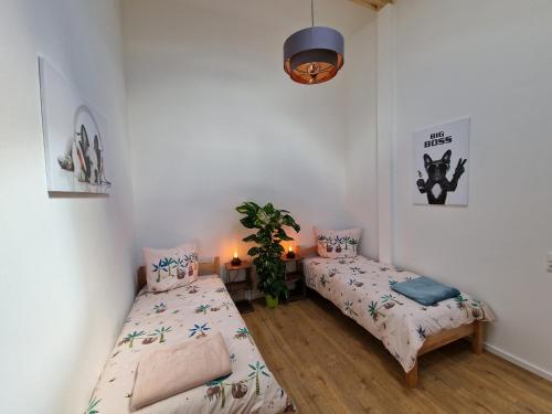 尼德根的住宿－Ferienwohnung Eifeloase，一间卧室设有两张床和盆栽植物