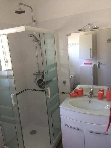 a bathroom with a glass shower and a sink at La Perline, Maison individuelle - 4 à 6 personnes in Le Crestet