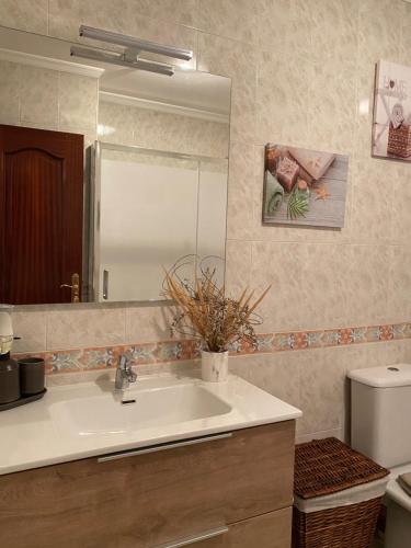 La salle de bains est pourvue d'un lavabo et d'un miroir. dans l'établissement Apartamento Conde, à Corcubión