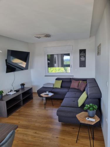 a living room with a blue couch and a tv at Kuća za odmor KODBA in Štrigova