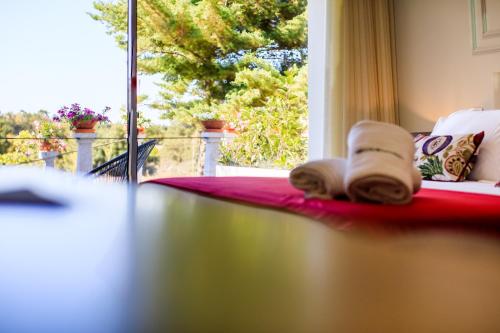 a room with a bed and a window with a towel at Hotel Campo do Rosmaninho in Castelo Branco