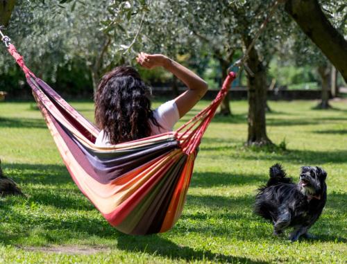 a woman laying in a hammock with a dog at Agriturismo Cà Del Lago in Gravedona