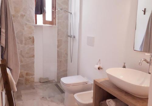 La salle de bains est pourvue de toilettes, d'un lavabo et d'une douche. dans l'établissement Villa Nenè - villa privata in riva al mare, à Cozze