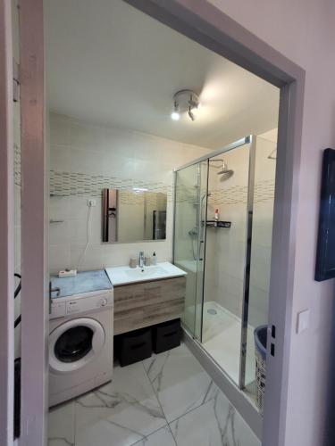 La salle de bains est pourvue d'un lave-linge et d'une douche. dans l'établissement Jolie t4 a l'esplanade lez wifi, à Montpellier
