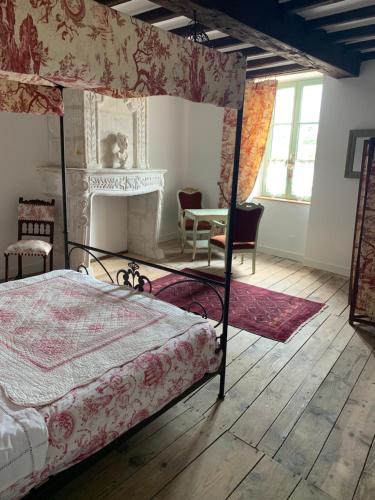 une chambre avec un lit à baldaquin et une cheminée dans l'établissement Le Doux Nid La Romantique, à Saint-Aulaye