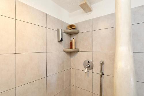 a bathroom with a shower stall with a shower at Spongia Apartments Kalymnos in Kalymnos
