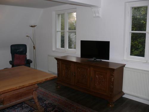 ein Wohnzimmer mit einem Flachbild-TV auf einem Holzschrank in der Unterkunft Apartments Weisser Reiter in Elfershausen