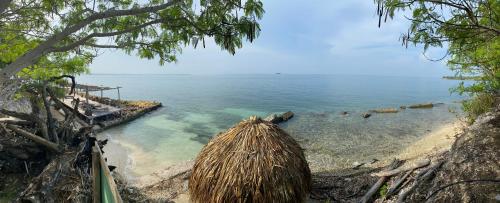 a view of a body of water with a straw hut at Centro Ubuntu in Isla Grande