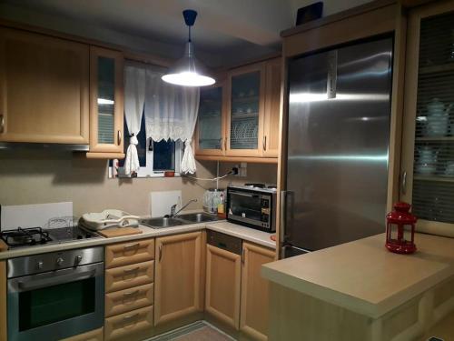 a kitchen with wooden cabinets and a stainless steel refrigerator at Trizinia view balcony in Galatas