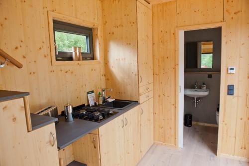 a kitchen with a stove and a sink in a room at Tiny House Nature 3 - Green Tiny Village Harz in Osterode