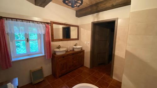 a bathroom with a toilet and a sink and a window at Chalupa Horní Heřmanice in Horní Heřmanice