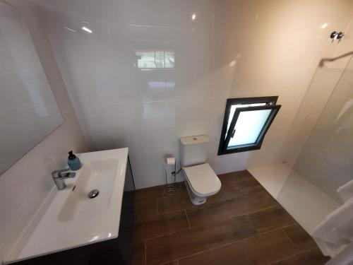 a bathroom with a toilet and a sink and a mirror at Ca n'Aliguer in Ripoll