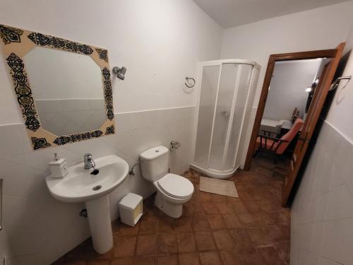 a bathroom with a toilet and a sink and a shower at Casa Rural Casa del Tigre in Gaucín