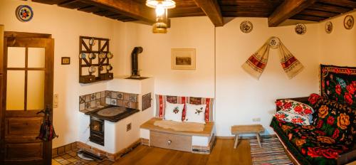 a living room with a fireplace and a couch at Casa de Vacanta Colibita Veche- pe malul lacului in Colibiţa