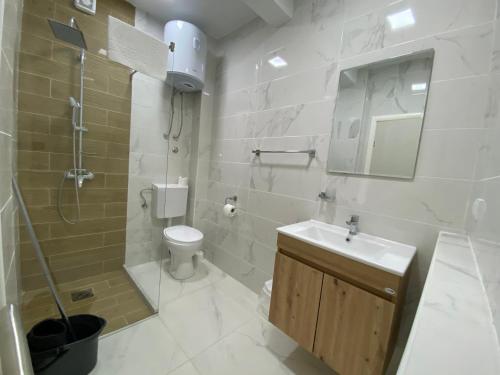 a bathroom with a sink and a shower and a toilet at Apartments Vila Sara M in Ulcinj