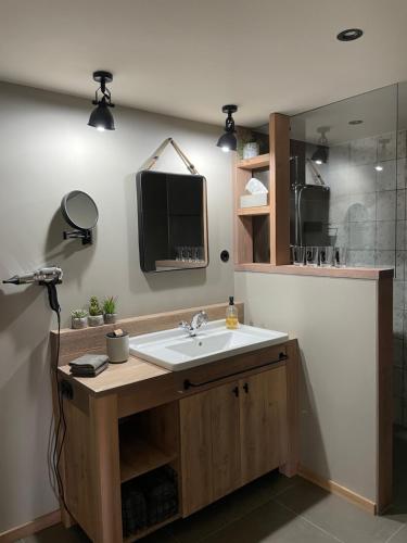 a bathroom with a sink and a tv on the wall at Lark in Schleibnitz