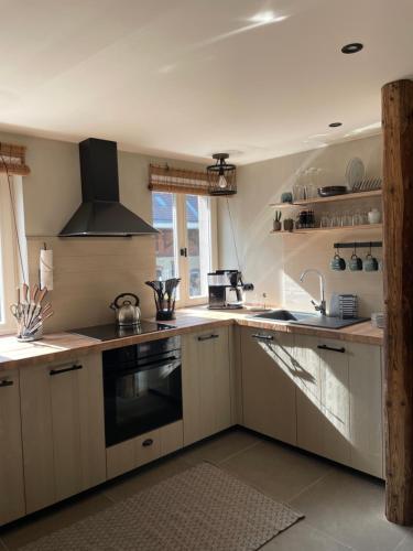 a kitchen with white cabinets and a stove top oven at Lark in Schleibnitz
