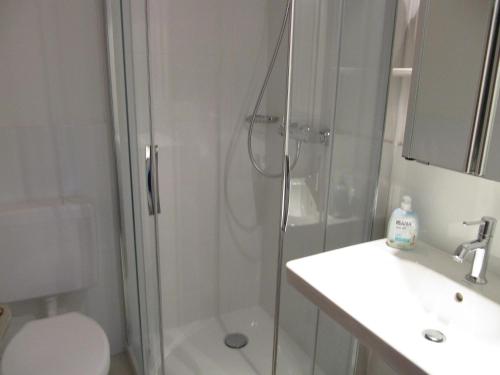 a bathroom with a shower and a toilet and a sink at Lornsenhof App 6 in Westerland