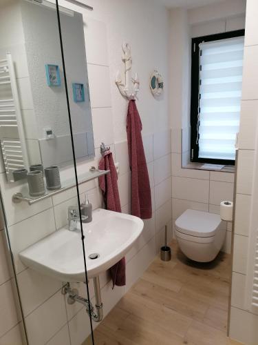 a bathroom with a sink and a toilet at Ferienhaus Regina in Neudorf