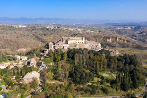 an aerial view of a large house on a hill at Castello Costaguti in Roccalvecce