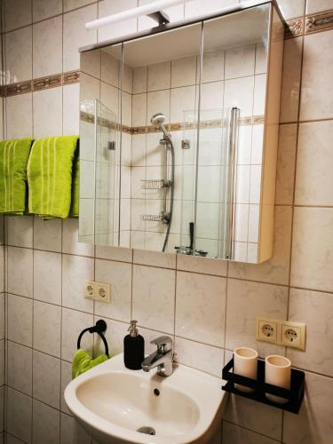a bathroom with a sink and a mirror at Haus Knoll in Imsterberg