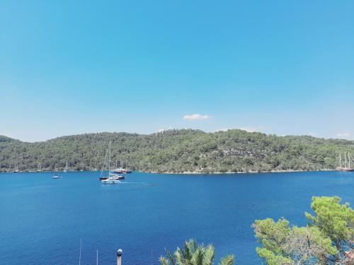 a view of a lake with boats in the water at Apartments Sponga in Polače